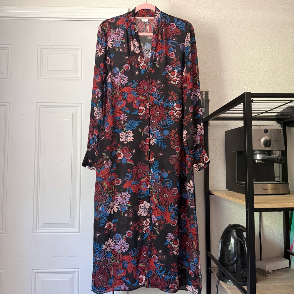 VERONICA BEARD red black floral semi sheer long sleeve button up midi maxi dress
